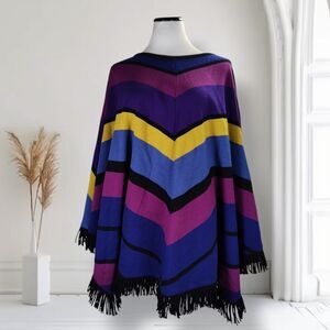 Vintage 90s Andrea Jovine Wool Poncho Size M Oversized Colorblock Fringe